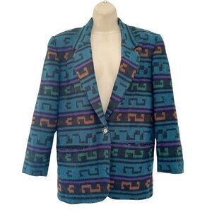 Vintage Index by Melrose Woman's Sz S Teal Black Orange Aztec Print Jacket